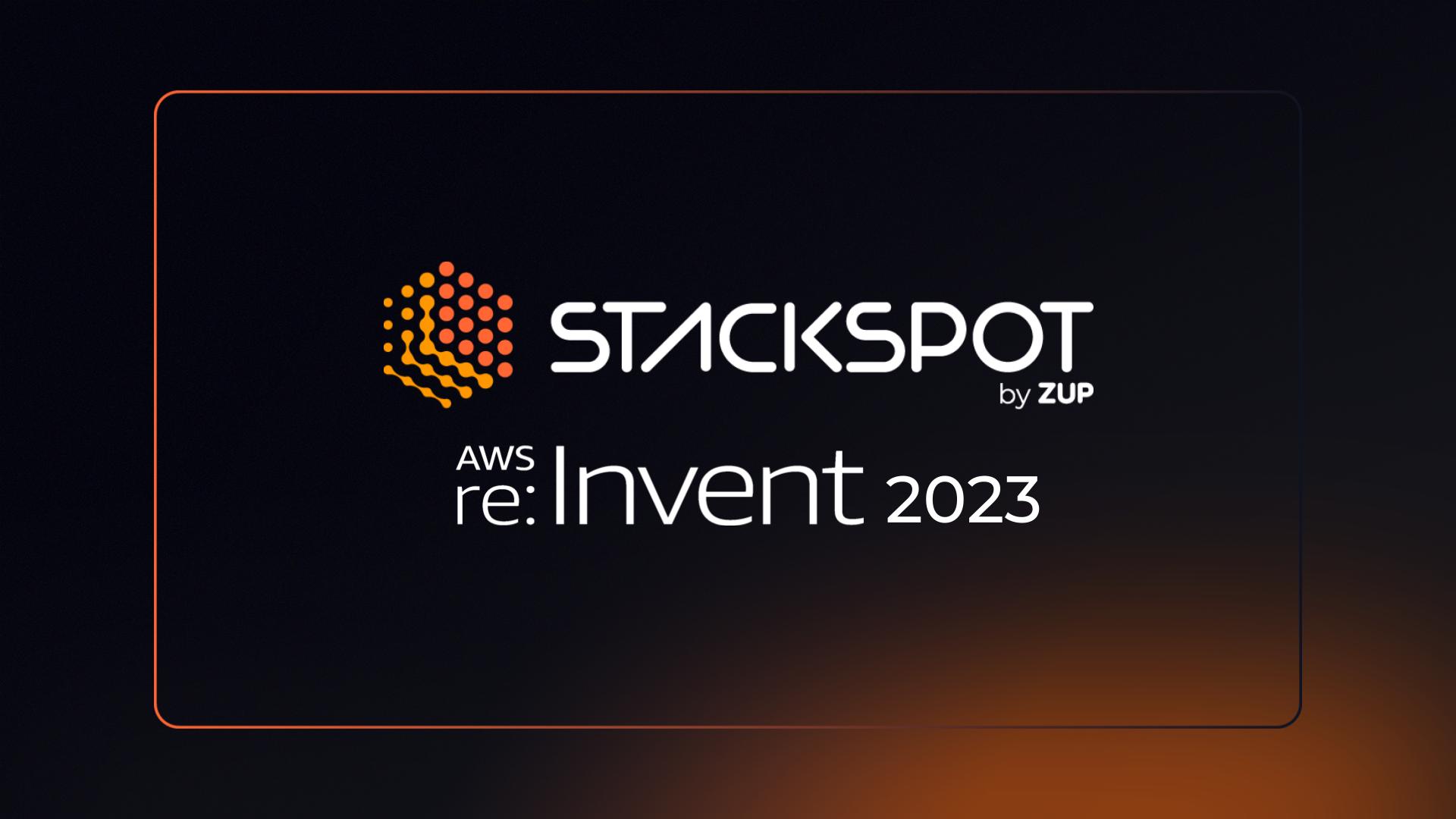 Capa do artigo "AWS re:Invent 2023: saiba como foi a participação da StackSpot". Nela, temos a logo da StackSpot, uma colmeia em tons de laranja, e abaixo AWS re:Invent 2023. O fundo é preto e laranja.
