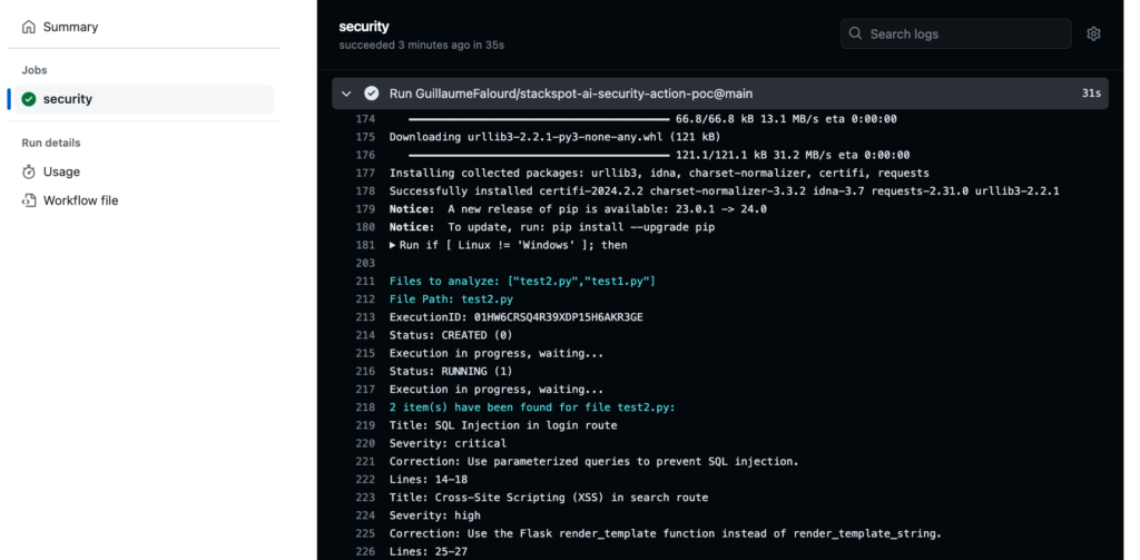 Illustration of the GitHub Actions tab on GitHub, with the logs of a workflow run, highlighting the action output with two vulnerabilities detected for the test2.py file, detailed using the title, severity, correction, and lines fields defined in the prompt.