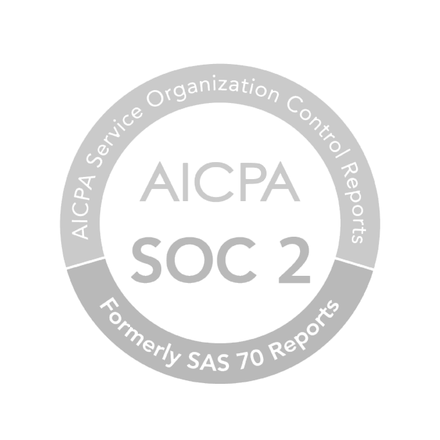 Light grey image of AICPA SOC 2 certification in circular format, with the phrase: AICPA Service Organization Control Reports at the top, "Service Organizations" in the middle, and "Formerly SAS 70 Reports" below.