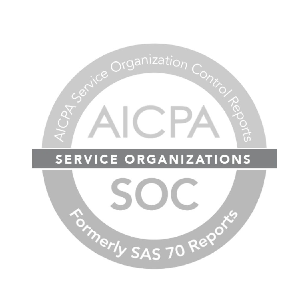 Light grey image of AICPA SOC certification in circular format, with the phrase "Service Organization Control Reports" at the top, "Service Organizations" in the middle, and "Formerly SAS 70 Reports" below.
