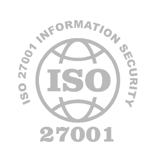 Light gray image of ISO 27001 certification. In the center is a circular shape with "ISO" centered, and around the shape is the following: "ISO 27001 Information security".