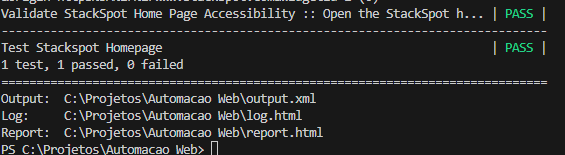 VS Code terminal after adding the test in headless mode, where we have the terminal log in the open image with excerpts of the execution successfully.