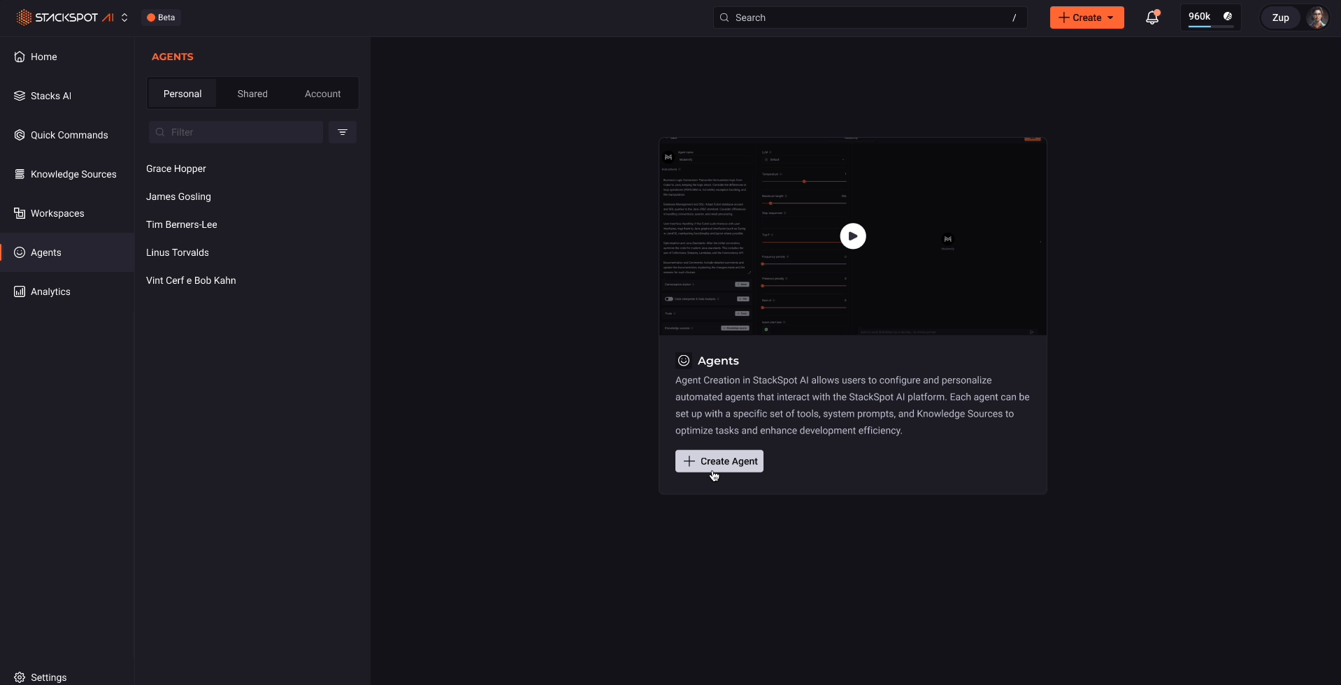 Gif of the StackSpot AI interface in darkmode. The image shows the creation of AI Agents.  Article "StackSpot AI: your multi-agent AI platform for the software development cycle".I