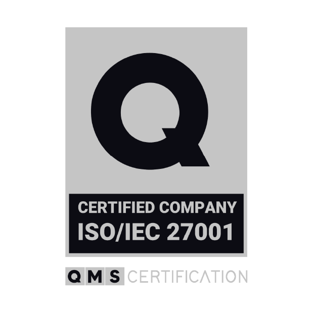 Light gray image of ISO 27001 certification. In the center is a circular shape with "ISO" centered, and around the shape is the following: "ISO 27001 Information security".