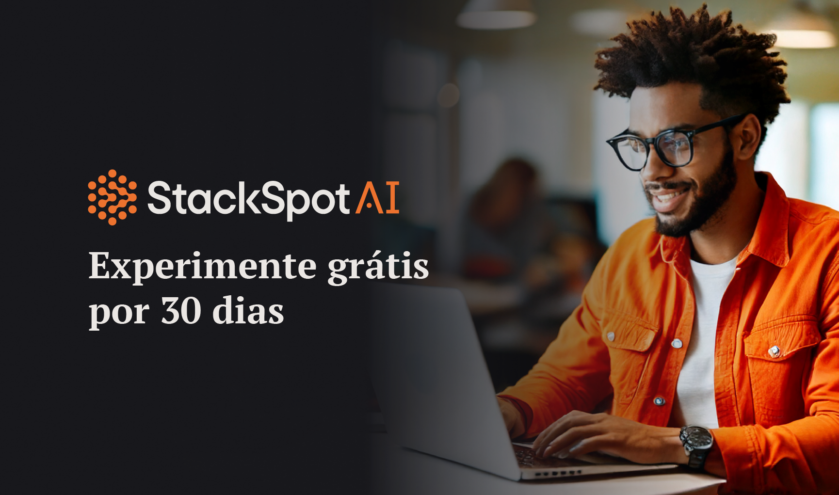 Capa do artigo sobre Experimente StackSpot AI grátis por 30 dias. Na imagem, temos essa frase em destaque em laranja e preto alinhado à esquerda. O fundo é um laranja claro e do lado direito temos círculos laranjas de diferentes tamanhos formando um semi-círculo.