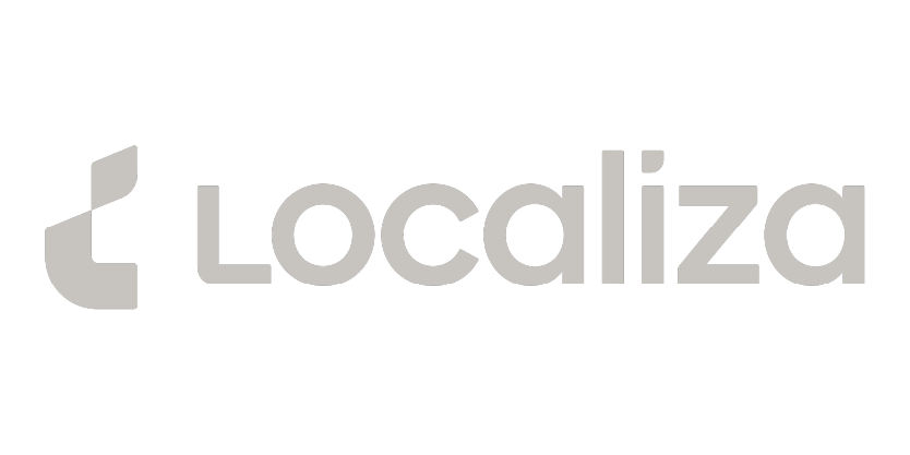 Logotipo da Localiza em cinza claro, com tipografia arredondada e um ícone estilizado em forma de “L” curvo, sobre fundo transparente.