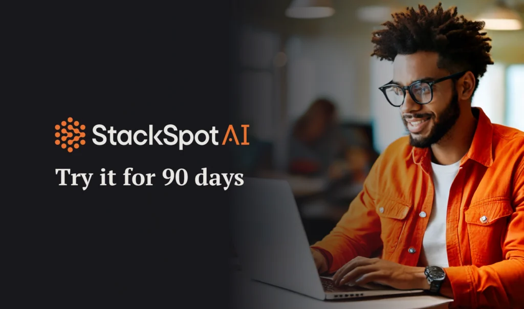Cover of the article on Try StackSpot AI for free. The image prominently displays the text “StackSpot AI: Try it for 90 days” in white and orange. In the background is a photo of a black man with a beard and brown hair, wearing glasses and an eye-catching orange shirt. He is in an office environment.