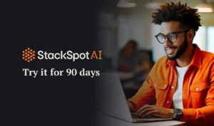 Cover of the article on Try StackSpot AI for free. The image prominently displays the text “StackSpot AI: Try it for 90 days” in white and orange. In the background is a photo of a black man with a beard and brown hair, wearing glasses and an eye-catching orange shirt. He is in an office environment.