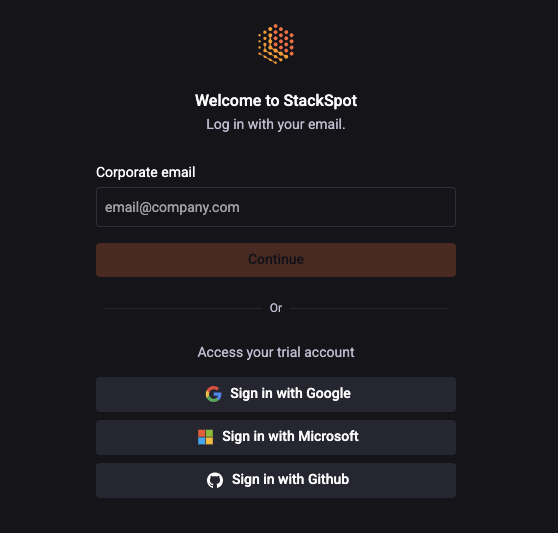 Print da tela da plataforma StackSpot AI com botões de acesso via Google, Microsoft, e Github.