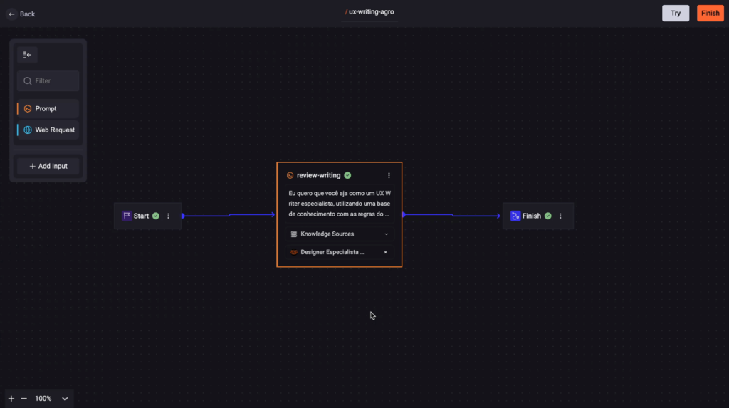 3 - Quick Command for UX Writing
To streamline writing tasks, I created a Quick Command (QC) for UX writing that was customized to our unit. This command ensured clearer, consistent, and brand-aligned communication, allowing us to deliver better content, faster. Instead of revising everything manually, I now rely on StackSpot AI to evaluate tone, voice, and clarity, speeding up delivery and boosting accuracy.
The Quick Command was particularly helpful in aligning our output with customer voice and expectations while keeping production agile and reliable.