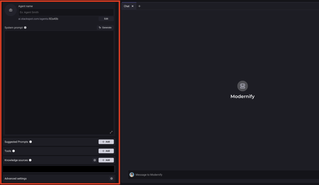 Screenshot of the StackSpot AI interface showing how to create and configure a custom AI agent.