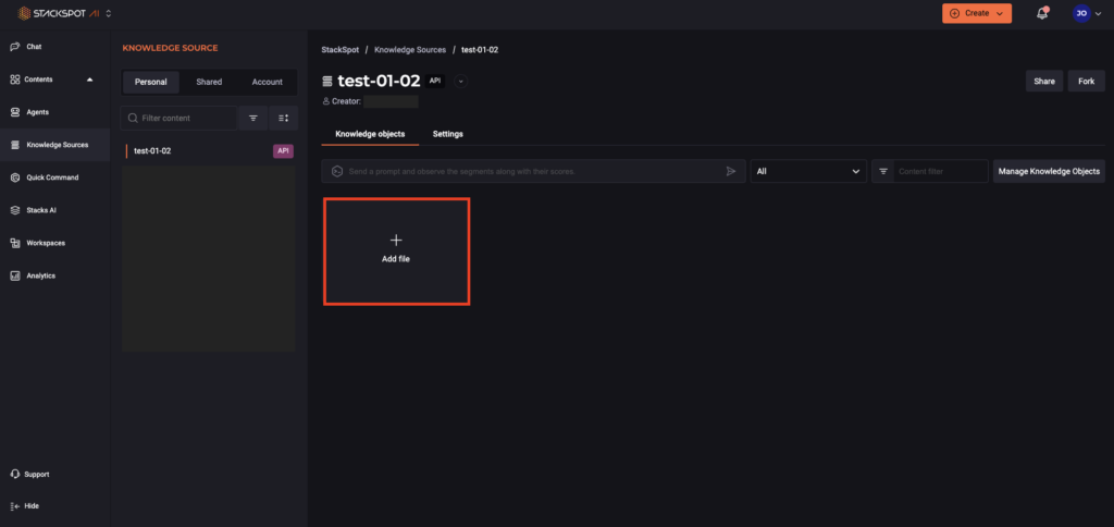 Screenshot showing how to configure a knowledge base in StackSpot AI.