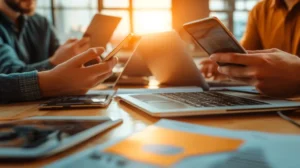 Capa do artigo sobre Orquestração de LLM e SLM, onde vemos 3 pares de mãos usando laptops e smartphones em uma mesa onde há uma grande fonte de luz solar ao fundo.