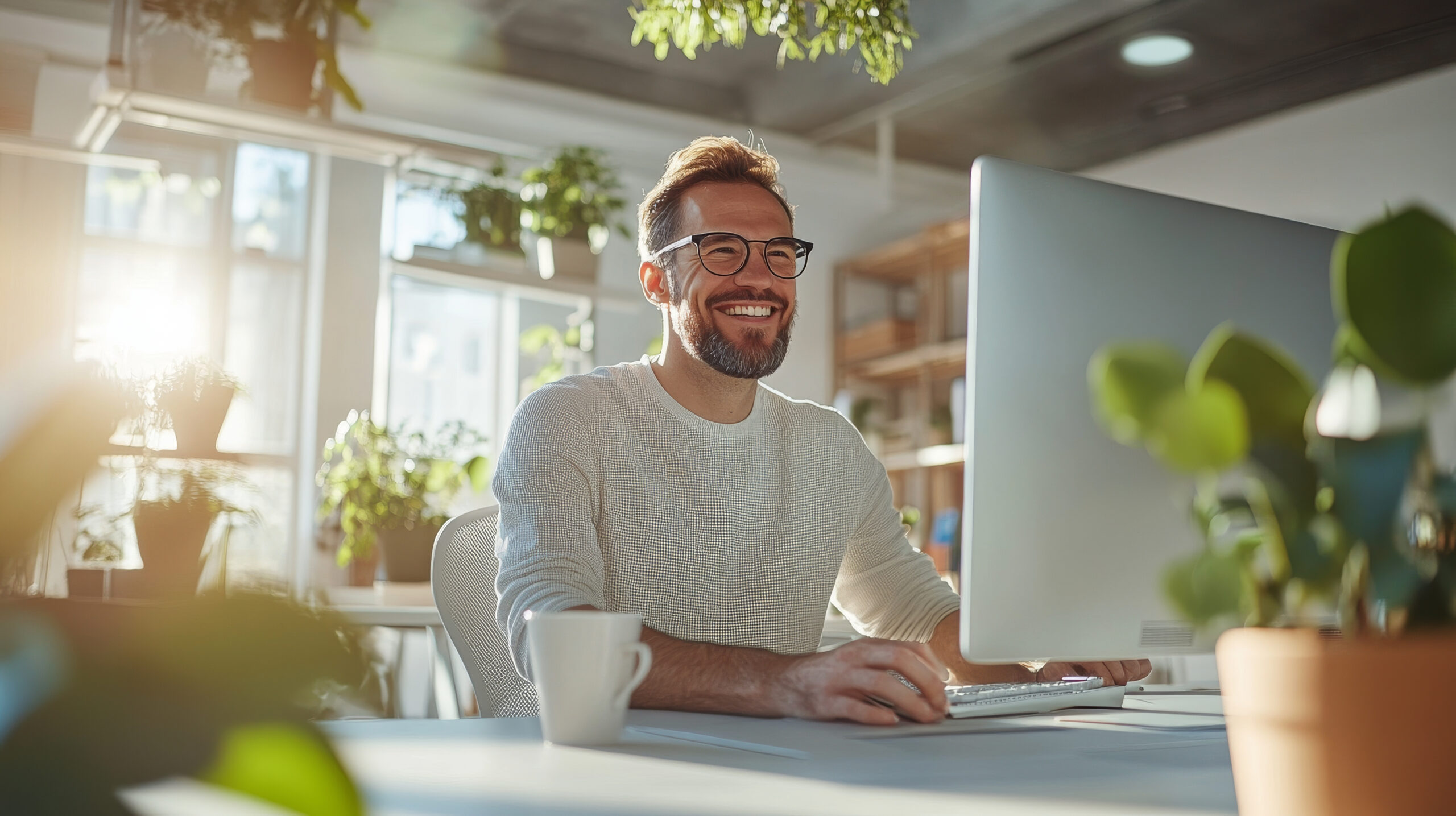 Capa do Artigo sobre Pequenos Modelos de Linguagem (SLM) onde vemos um homem sorri enquanto trabalha no computador em um escritório bem iluminado e repleto de plantas. A luz solar quente cria uma atmosfera alegre, realçando o ambiente acolhedor do espaço de trabalho.