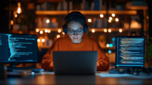 Capa para o artigo Gen AI no desenvolvimento de software onde vemos uma uma mulher com suéter laranja usa fones de ouvido enquanto trabalha concentrada em seu trabalho em um laptop, cercada por telas brilhantes e luzes quentes, criando uma atmosfera produtiva.