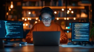 The cover for the article Gen AI in software development shows a woman wearing an orange sweater and headphones, focused on her work on a laptop, surrounded by bright screens and warm lights, creating a productive atmosphere.
