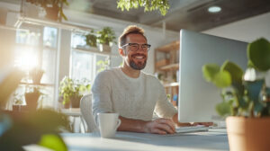 This is the cover for the blog post about Small Language Models (SLMs). We have a man smiling while working on a computer in a bright office filled with plants. Warm sunlight creates a cheerful atmosphere, enhancing the workspace's inviting feel.