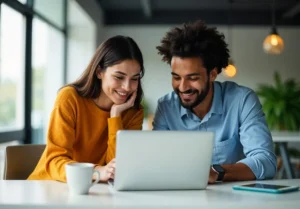 Cover of the article on Generative Artificial Intelligence where we see two young professionals in a modern office environment, collaborating on a creative project.