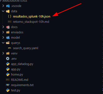 Diretórios com os arquivos gerados pelo export do splunk sendo o resultados_splunk-10h.json e o arquivo retorno_stackspot-10h.md com o resultado gerado pelo script da StackSpot.