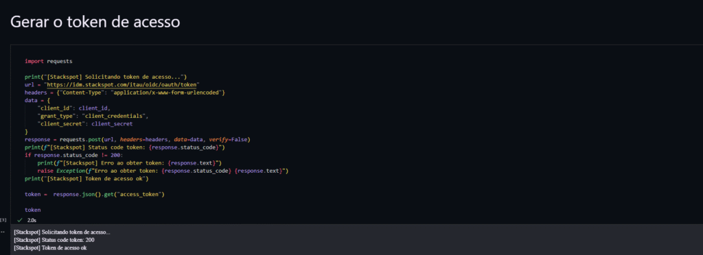 Exemplo de código para obter o token de acesso.