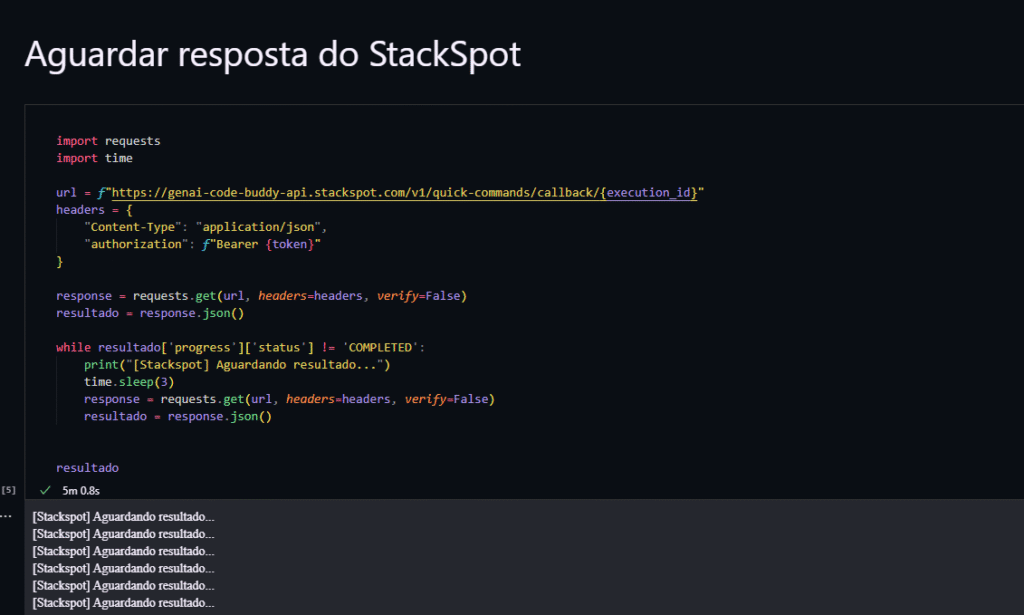Exemplo de código para fazer uma chamada para a execução do Quick Command e esperar o retorno da chamada.
