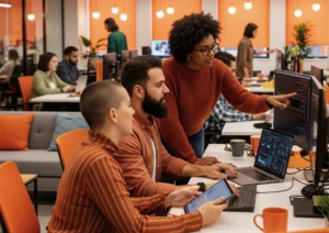 Na capa para o artigo Case de Code Review com IA vemos um time diverso trabalhando em um escritório moderno com tons de laranja em diversos elementos, como paredes, roupas e xícaras de café.