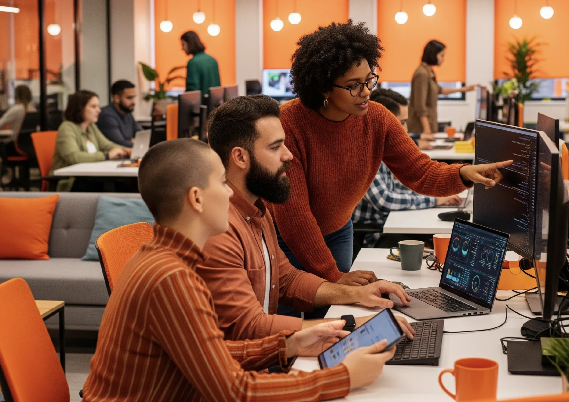 Na capa para o artigo Case de Code Review com IA vemos um time diverso trabalhando em um escritório moderno com tons de laranja em diversos elementos, como paredes, roupas e xícaras de café.