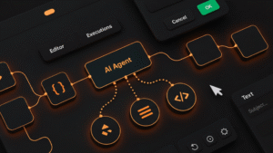 Capa para o artigo sobre “Agentic AI na prática: crie sistemas agênticos com a StackSpot” onde vemos um esquema com fundo escuro e detalhes em laranja com a palavra “AI Agent” no centro.