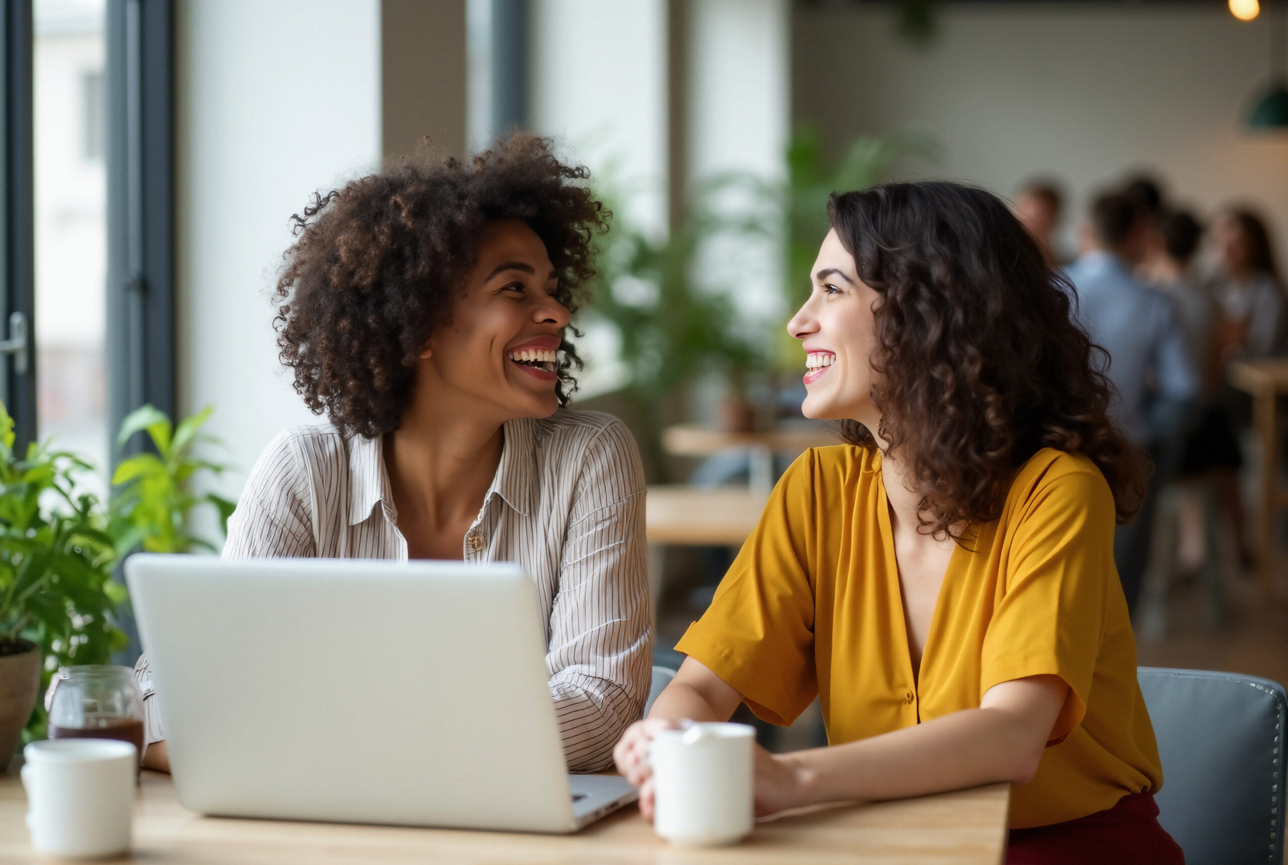 Na capa do artigo sobre Design de Produto com Gen AI vemos duas mulheres estão sentadas lado a lado em uma mesa de trabalho, sorrindo e conversando de forma descontraída. Uma delas é negra e usa uma camisa listrada clara e tem cabelo crespo volumoso; a outra é branca veste uma blusa amarela e tem cabelo castanho ondulado. Sobre a mesa há um notebook aberto, xícaras de café e plantas ao fundo, transmitindo um ambiente moderno, acolhedor e colaborativo. Ao fundo, outras pessoas também interagem, sugerindo um espaço de trabalho compartilhado ou reunião informal.