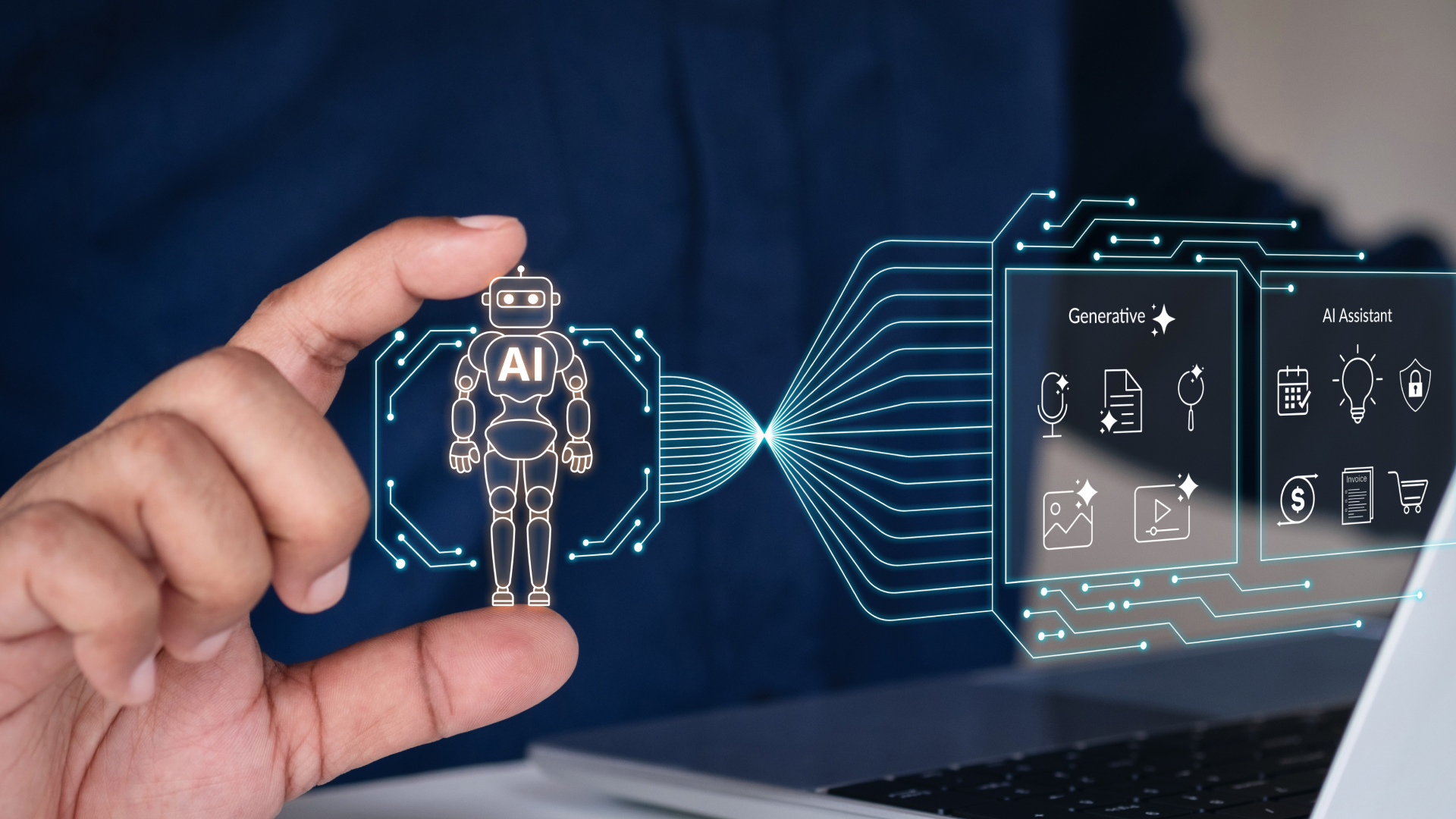 Na capa do artigo sobre Gestão de Mudanças com IA vemos uma mão que segura uma ilustração digital de um robô com a sigla "AI" (Inteligência Artificial) no peito. O robô está conectado a um fluxo de dados representado por linhas digitais que se expandem em direção a uma tela de computador. Na tela, aparecem ícones relacionados a funcionalidades de IA, como geração de conteúdo, assistente virtual, reconhecimento de voz, imagens, vídeos, ideias e automação de tarefas. O fundo é escuro, destacando os elementos digitais e tecnológicos da imagem.