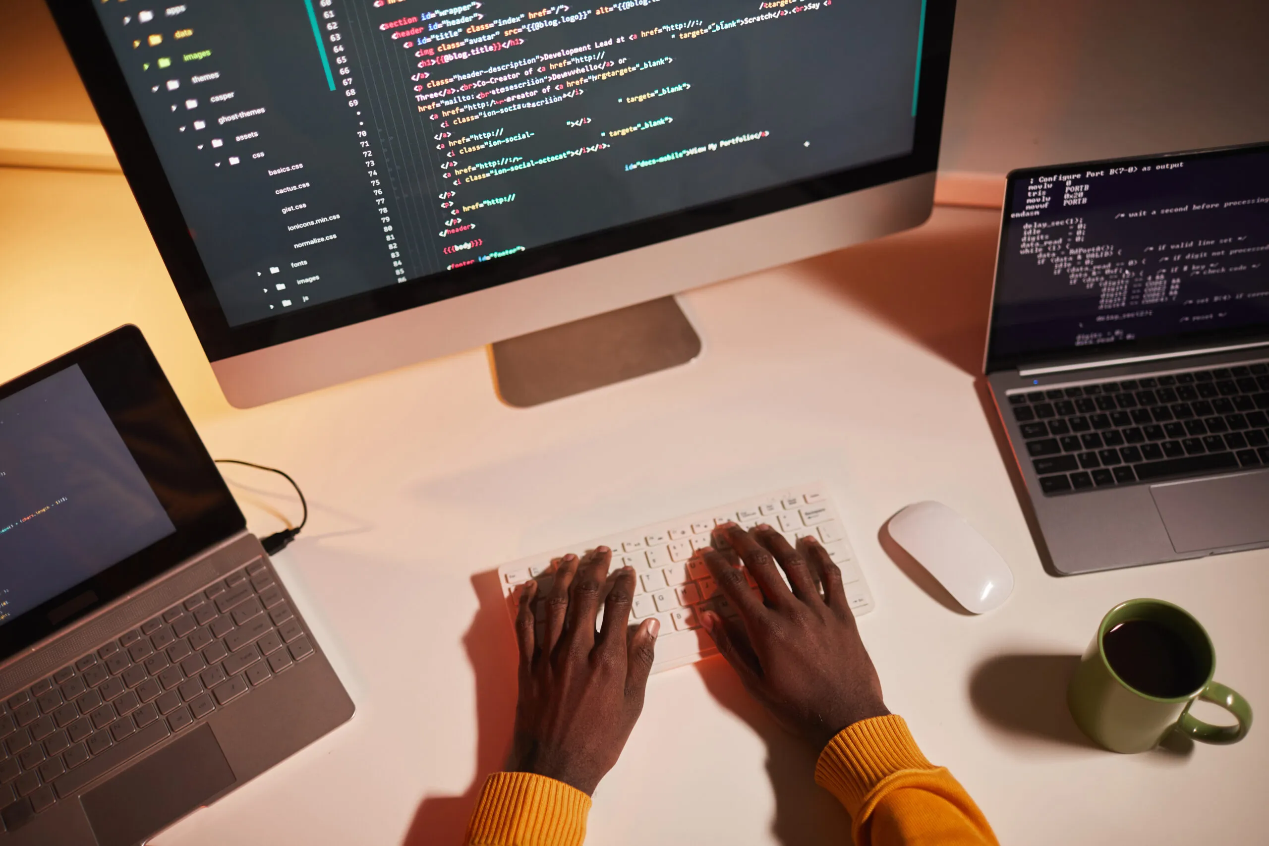 Cover image of the content Platform Engineering: mastering patterns and avoiding anti-patterns, where there is a person with only their hands on the table, which contains a computer and two notebooks, along with a coffee cup