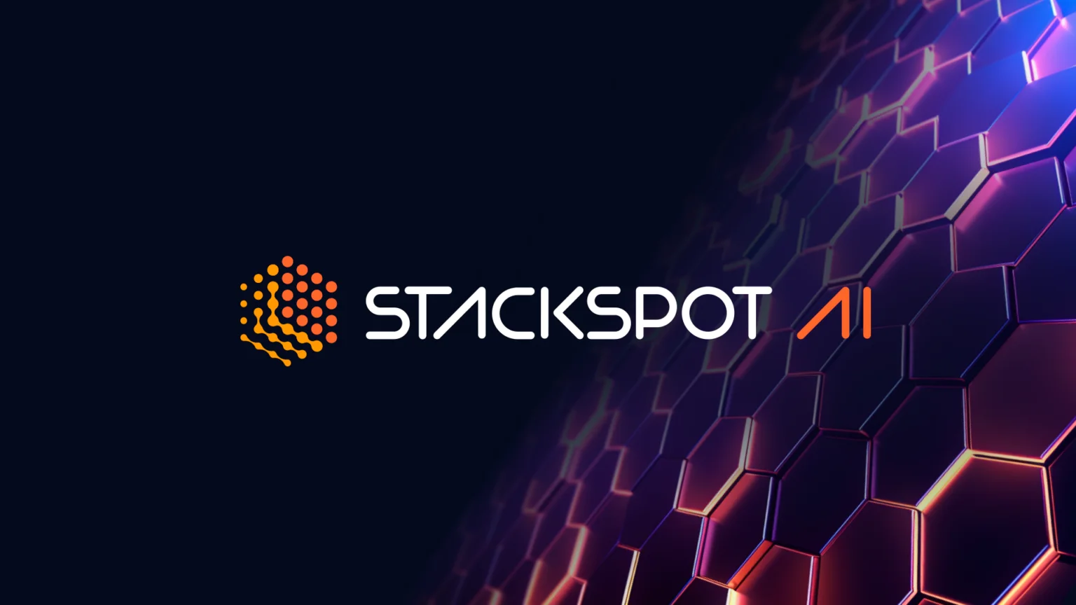 Capa do artigo "Conheça StackSpot AI: o assistente conectado com seu contexto" com StackSpot AI em destaque e fundo escuro com hexágonos em tons de vermelho e roxo.