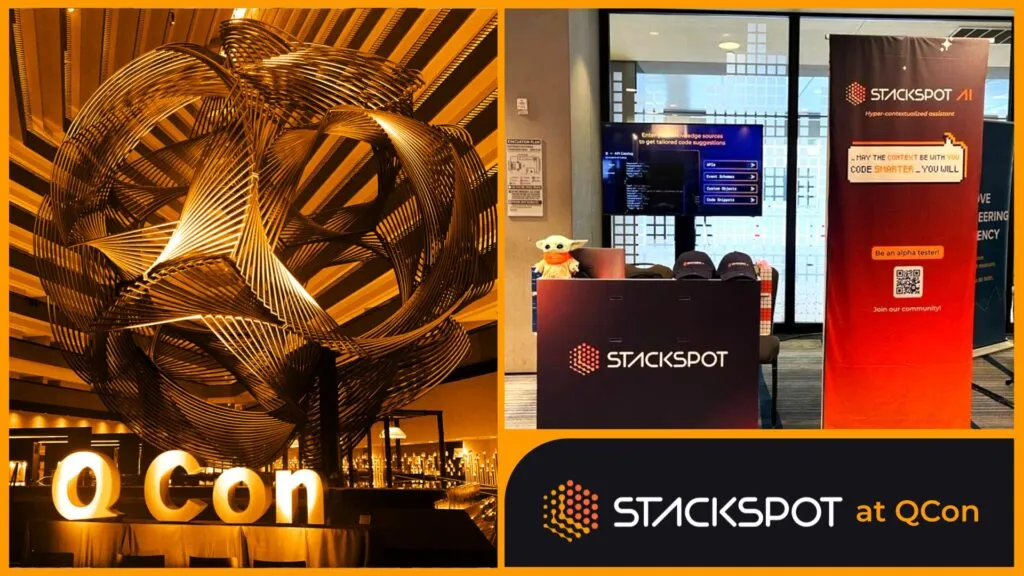 Capa do artigo "QCon 2023: os destaques do evento segundo StackSpot", nela está uma imagem de um monumento em frente a estrutura de QCon e ao lado uma foto do estande de StackSpot, com uma bancada e uma televisão ao fundo.