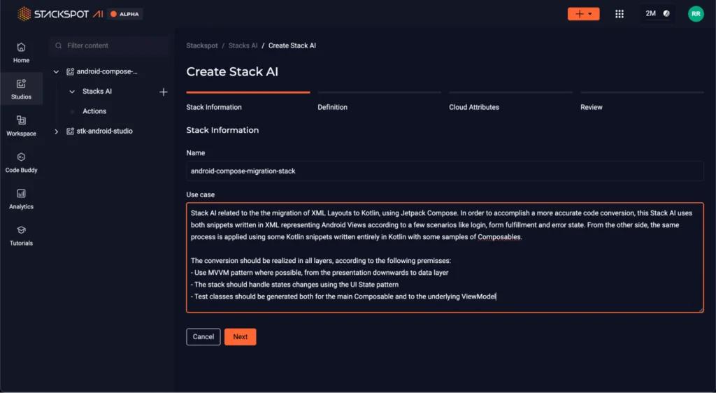 Screenshot of the Create Stack AI page specifically with Stack Information. It shows the name and use case options.Content: legacy mobile modernization