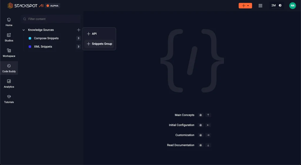 StackSpot screen, where Knowledge Sources is selected, plus API and Snippets Group.Content Legacy Mobile Modernization