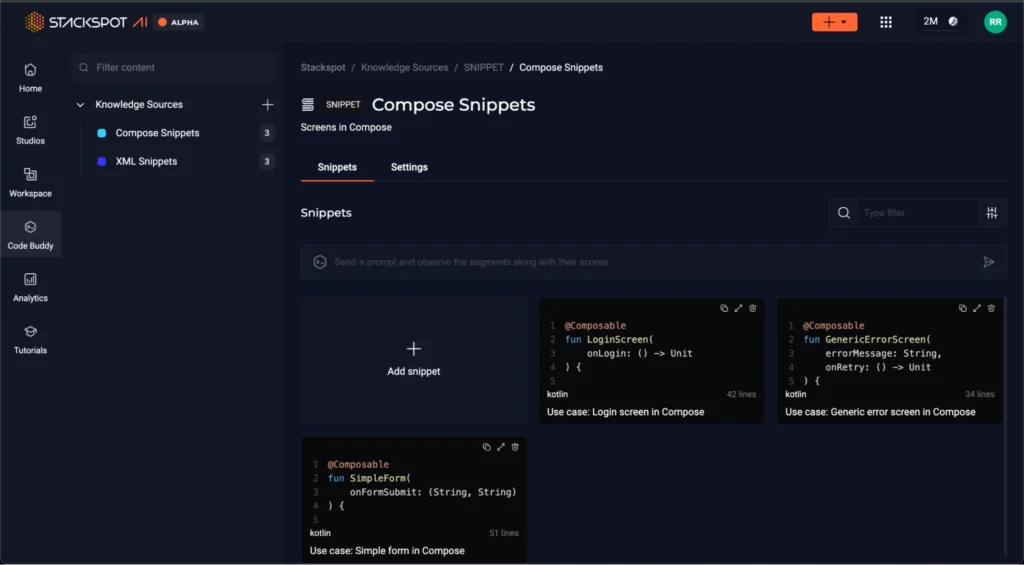 StackSpot screen with the Knowledge Sources, Snippet and Compose Snippet options selected. Occupying part of the screen are files with code in Kotlin.Content: Legacy Mobile modernization