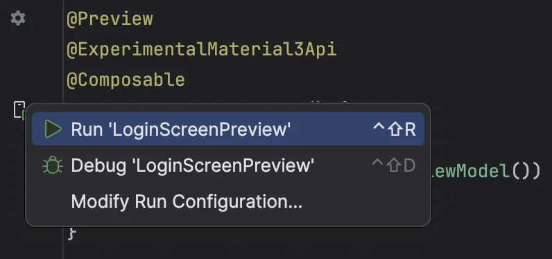 Screen with the app loaded on the emulator or physical device, on which you can see Run 'LoginScreenPreview' selected.Content: Legacy Mobile Modernization