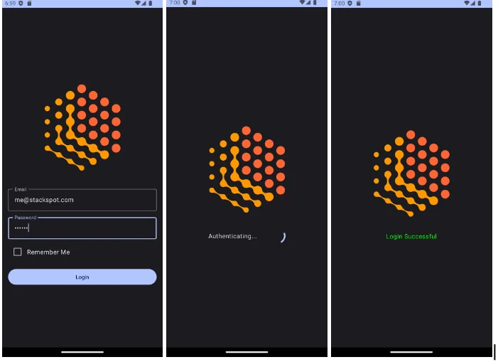 Three side-by-side images of the StackSpot login screen. The first has the StackSpot logo, the polygon formed by small orange balls, and the email and password fields. The second also has the logo, but with Authenticating. The last one has the logo and Login Successful.Content: legacy mobile modernization