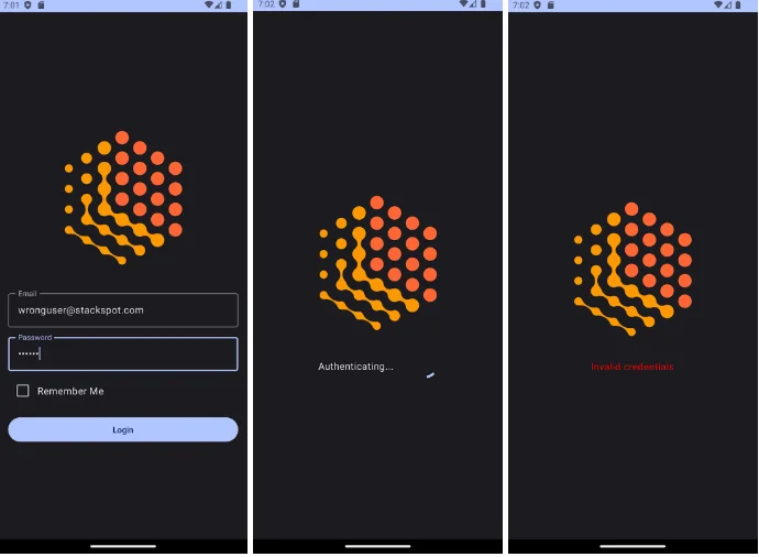 Three side-by-side images of the StackSpot login screen. The first has the StackSpot logo, the polygon formed by small orange balls, and the email and password fields. The second also has the logo, but with Authenticating. The last one has the logo and Invalid credentials.Content: legacy mobile modernization