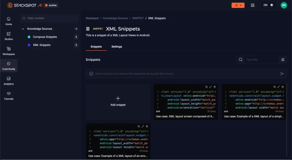 Imagem do artigo sobre modernização de legado mobile com  tela da StackSpot com as opções Knowledge Sources, Snippet e XML Snippet selecionadas. Ocupando parte da tela estão arquivos com códigos em xml.