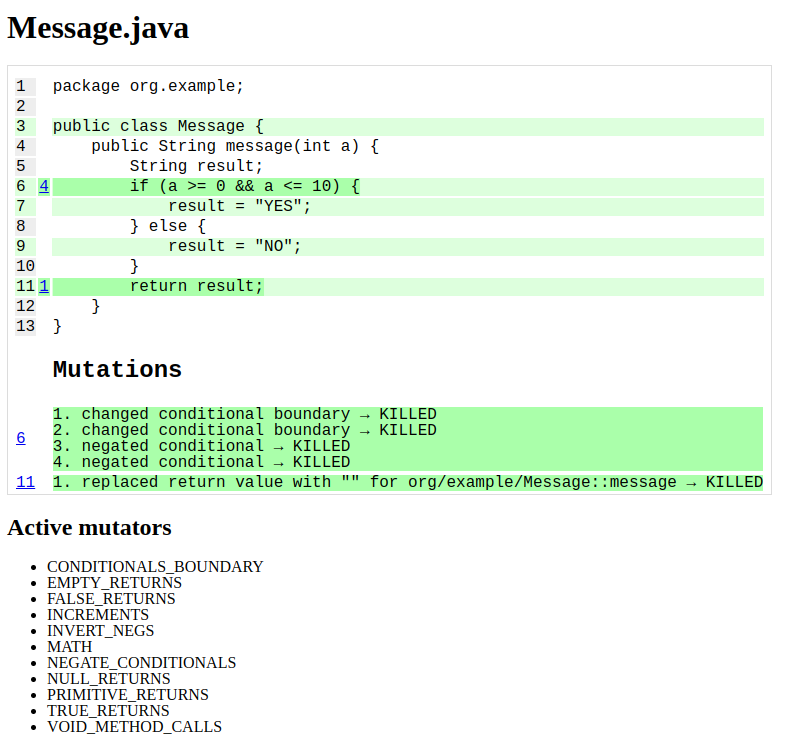 Image from the article on unit tests. Pitest report from the Message.java class indicating 100% line coverage and all mutation conditions.