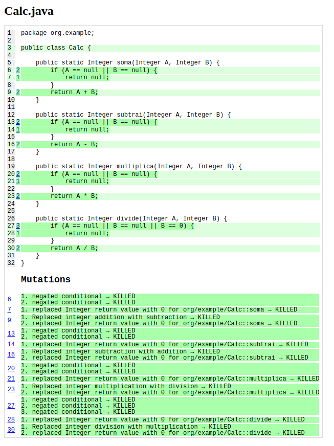 Imagem do artigo sobre testes unitários com relatório do Pitest da classe Calc.java indicando 100% de cobertura de linha e todas as condições de mutação.