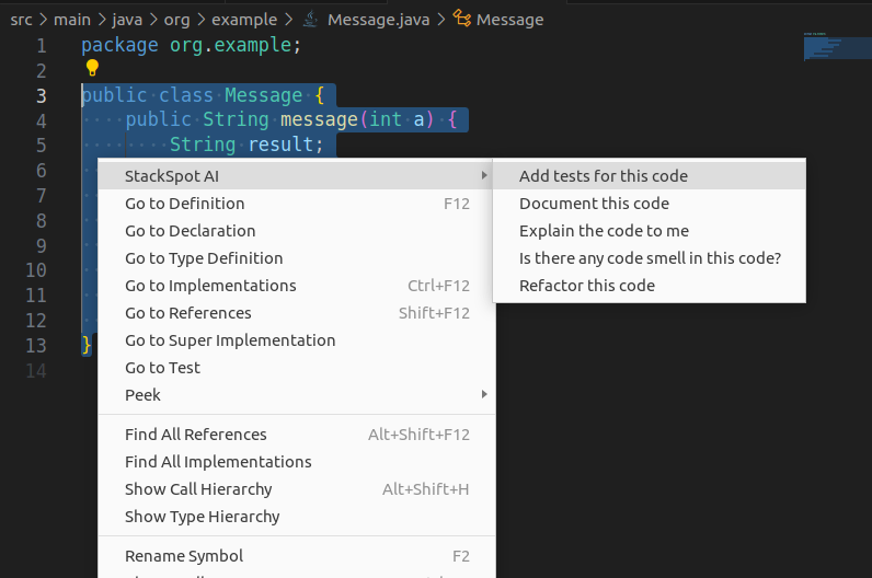 Image from the article on unit tests. StackSpot AI menu displayed over the selected code