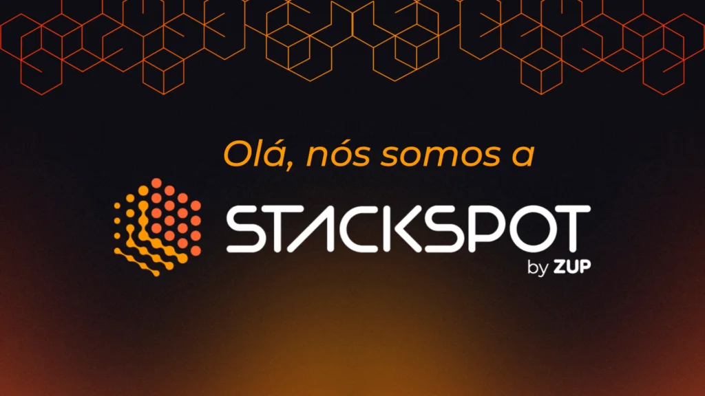 Imagem capa da página sobre. A imagem tem um fundo escuro e um gradiente laranja embaixo. No centro tem a frase: "Olá, nós somos a", acompanhada do logo StackSpot By Zup logo abaixo.