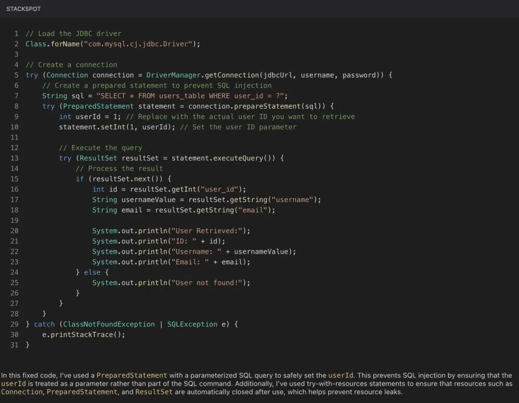 Imagem do artigo sobre vulnerabilidades de aplicação com a StackSpot AI corrigiu a vulnerabilidade encontrada substituindo a concatenação de String no código pela passagem por parâmetros utilizando Java PreparedStatement.  