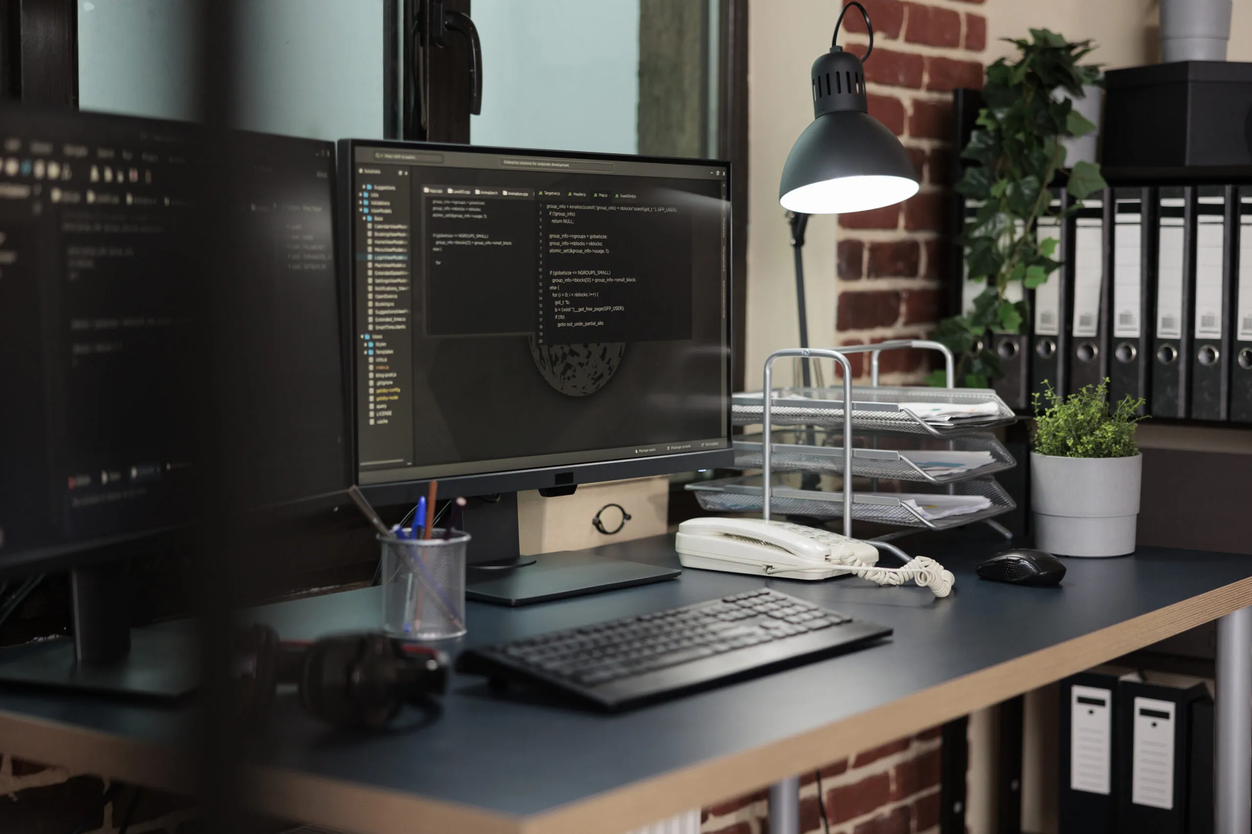 Cover of the article on Mermaid Diagrams. The photo shows a desk with a monitor displaying code, a keyboard, a lamp and a telephone.