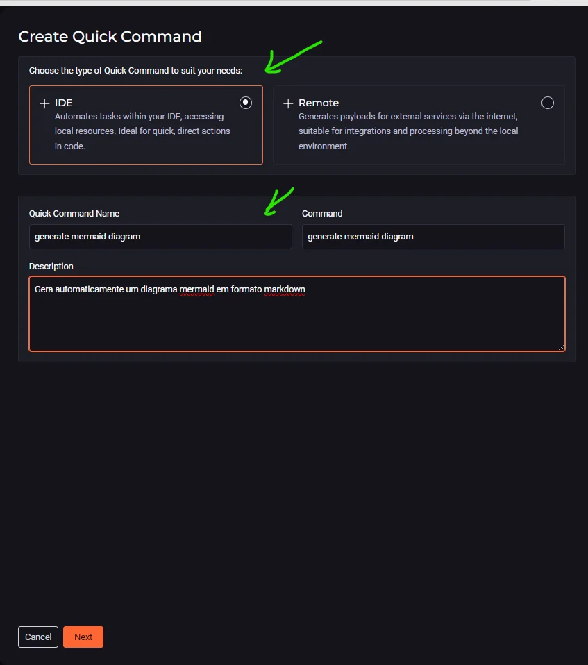 Imagem do artigo sobre diagramas mermaid com formulário para a criação do Quick Command, contendo a opção de escolha de IDE ou Remote, nome do QC, command e uma caixa de texto para descrição. 