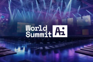 Cover image of the content featuring an auditorium filled with chairs and lights, with the title in white font reading World Summit AI 2024.