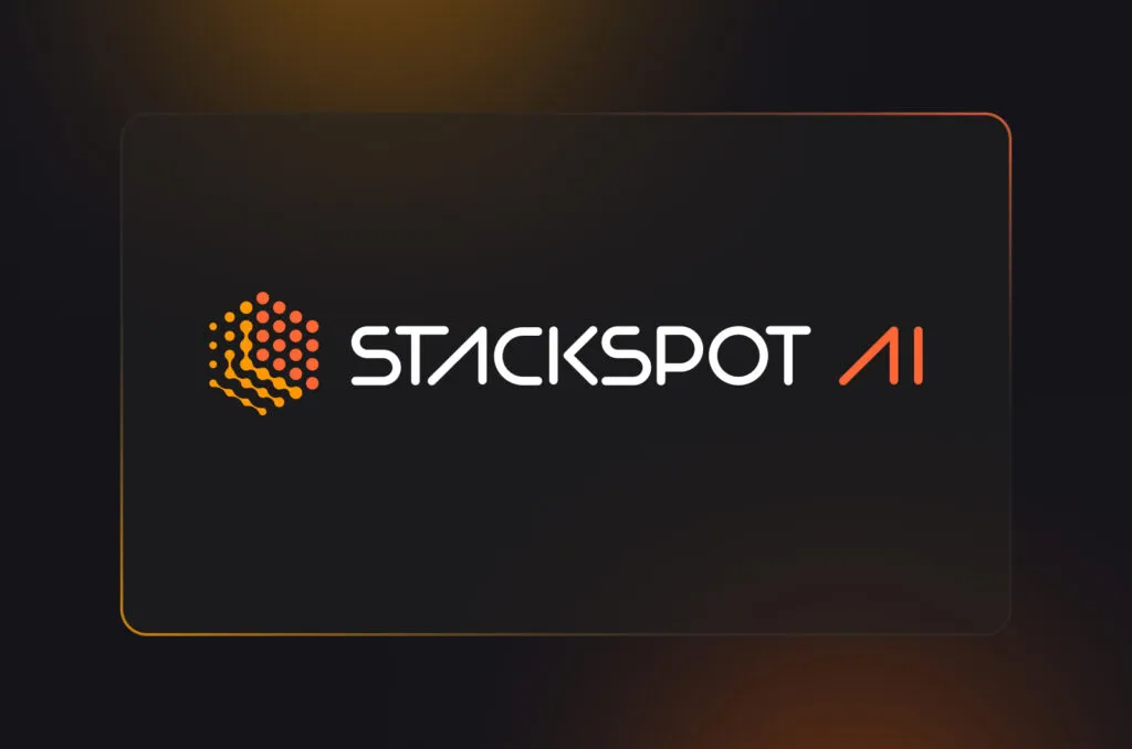 Cover of the article "StackSpot AI: your multi-agent Artificial Intelligence platform for the software development lifecycle." The image features StackSpot AI prominently in white and orange at the center. The background is dark with orange highlights.