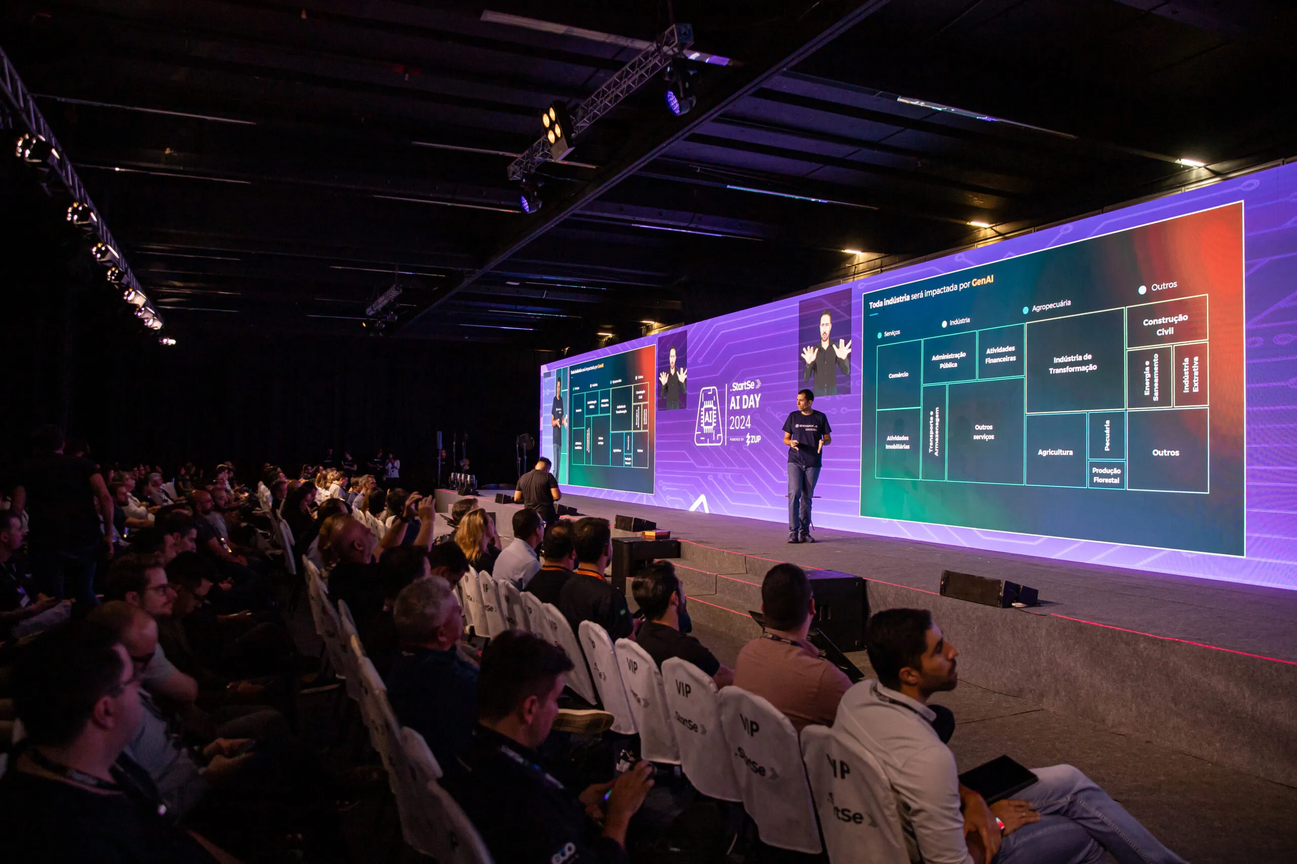 Capa do artigo StartSe AI Day. Na imagem, temos o palco do evento com um grande telão ao fundo. Um homem aparece no palco e a foto também captura parte da plateia.